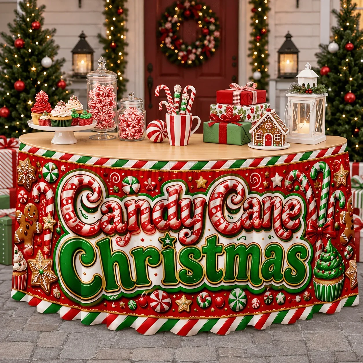 One table skirt, cane candy, Christmas gingerbread man, peppermint candy. Suitable for Christmas parties.xzj