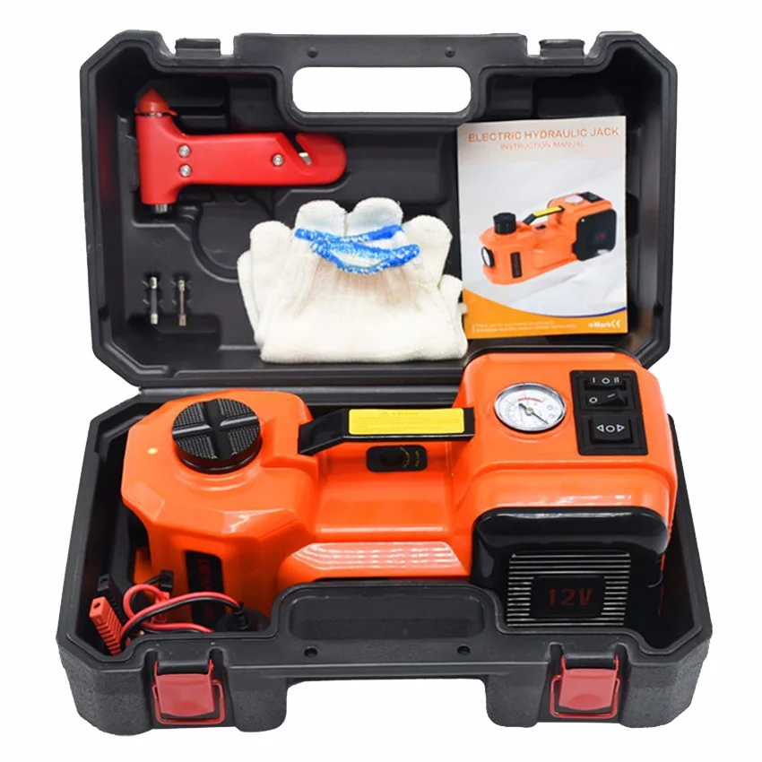 

155-450/530MM 12V 5T Car Electric Hydraulic Floor Jack, Tire Inflator Pump And LED Flashlight 3 In 1 Set With Safe Hammer