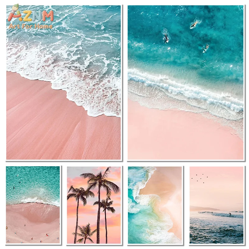 AZNM Pink Sand Beach Ocean Landscape Canvas Wall Art Aerial Sea Wave Palm Tree Coastal Tropical Modern Bedroom Unframed Home Dec