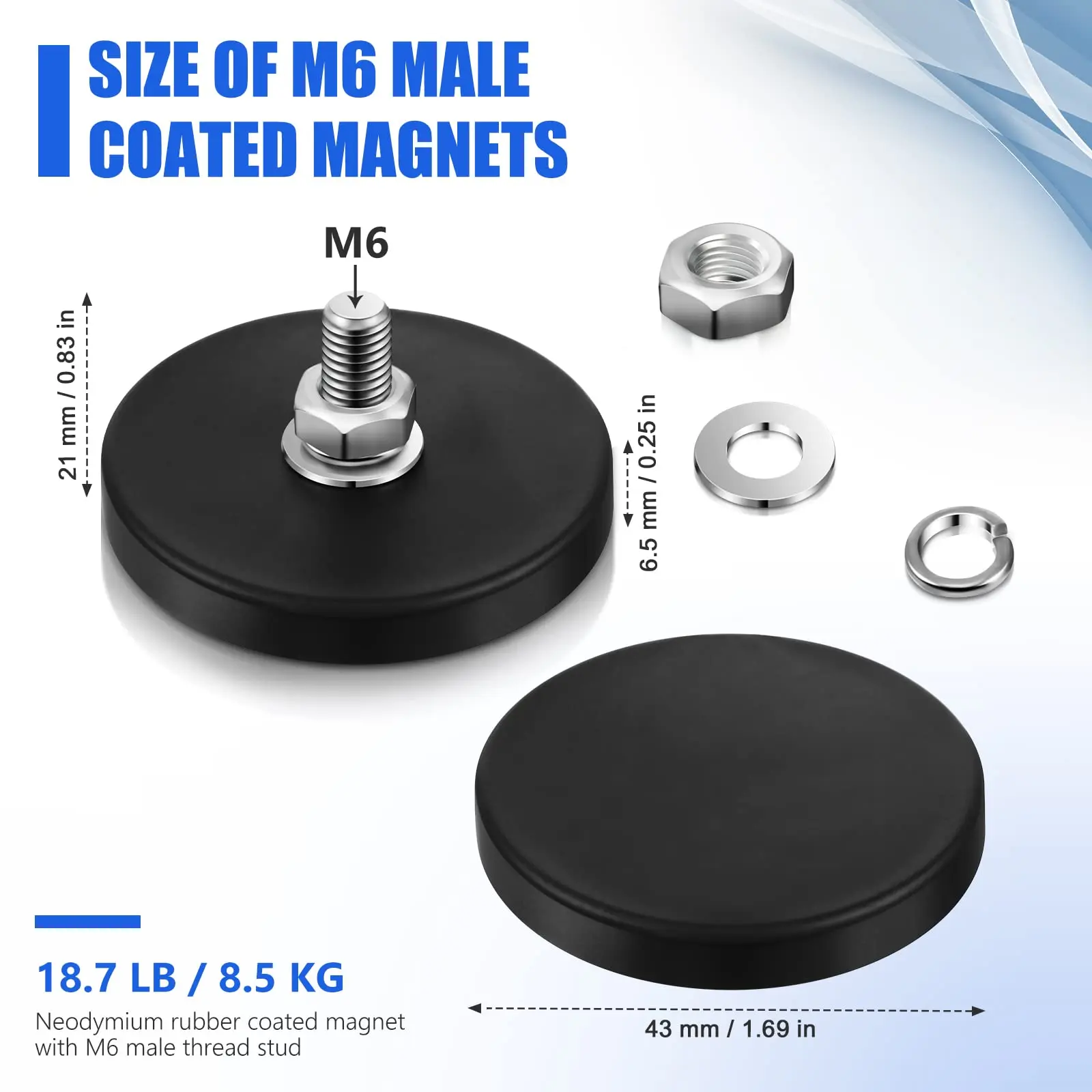 Rubber Coated M6 Male Magnet Neodymium Magnet Base Anti Scratch Magnet M6 Male Thread Rubber Coating Magnets with Bolts and Nuts