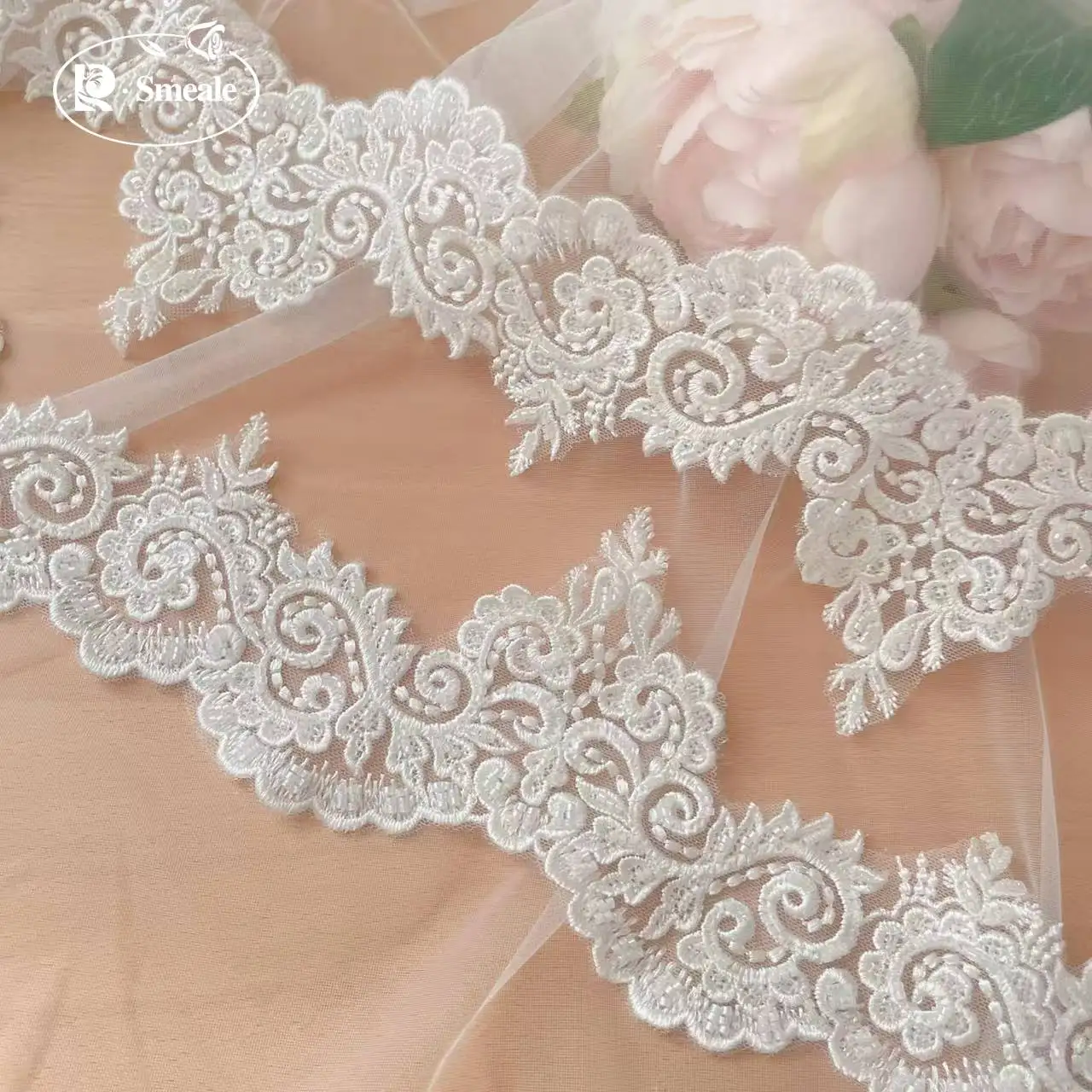 10 Yards/Packung Hochwertige Weiße Genähte Perlen-Spitzenborte für Kopfschleier, Hochzeitskleid, Dekorative Accessoires, Handgefertigte Spitze zum Selbermachen – Detail 3
