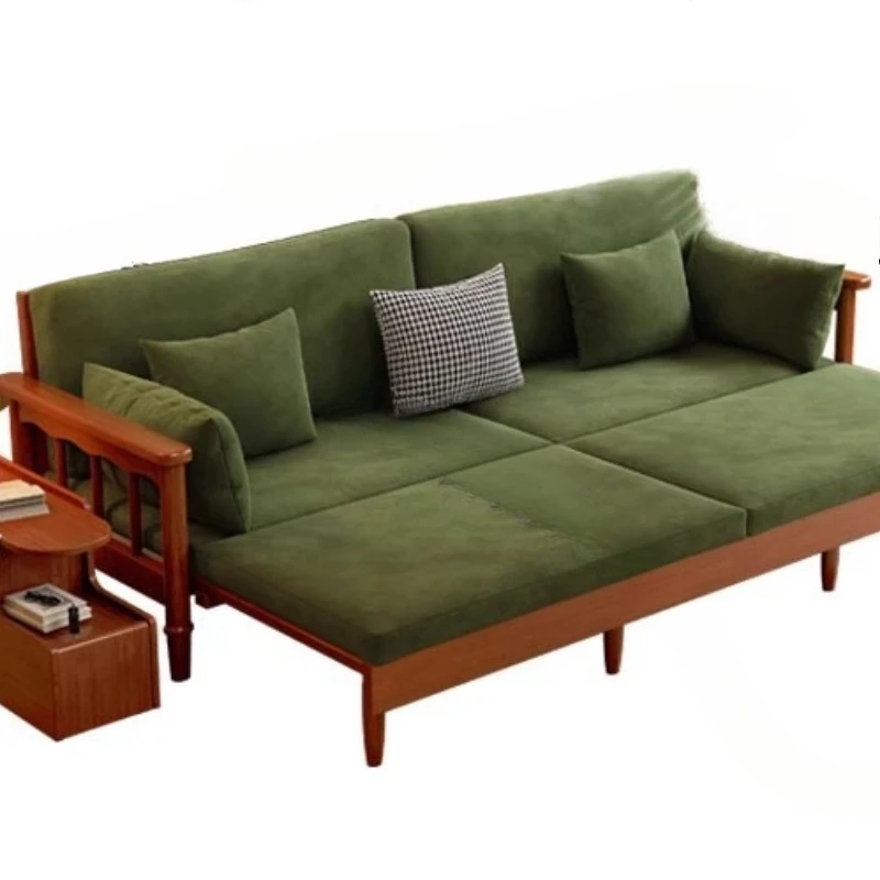 Medieval style sofa bed, folding dual-use, removable and washable, cotton and linen design, cherry wood sofa