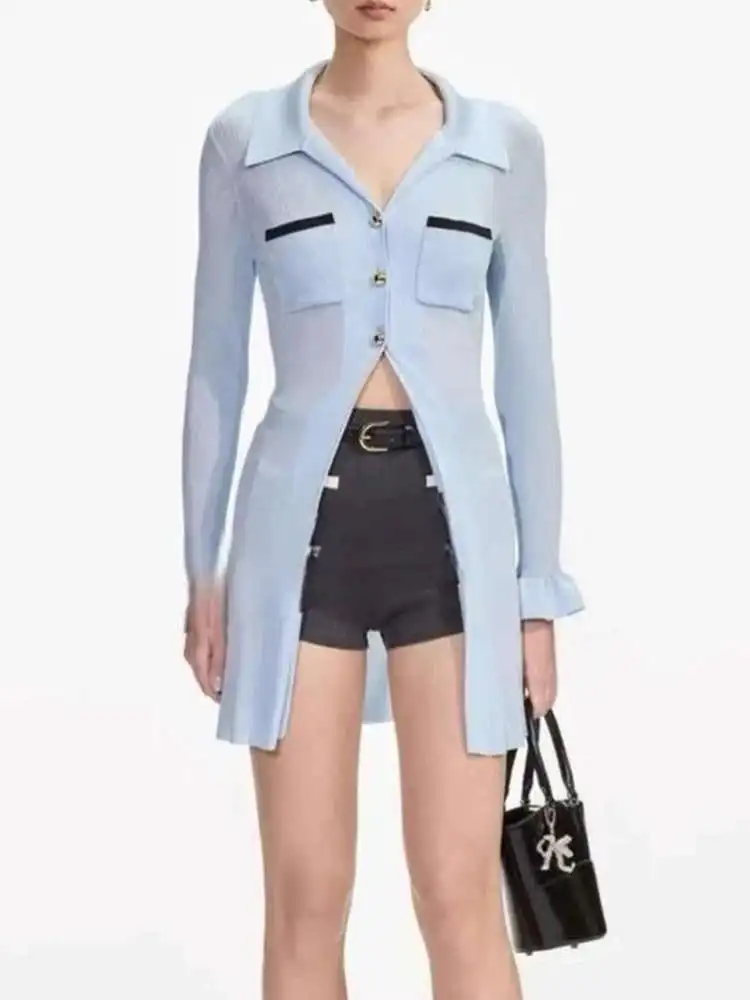 

Высококачественная версия европейского дизайна SE Color Blo Bell Sve Long Sve Утягивающий вязаный открытый кардиган для женщин