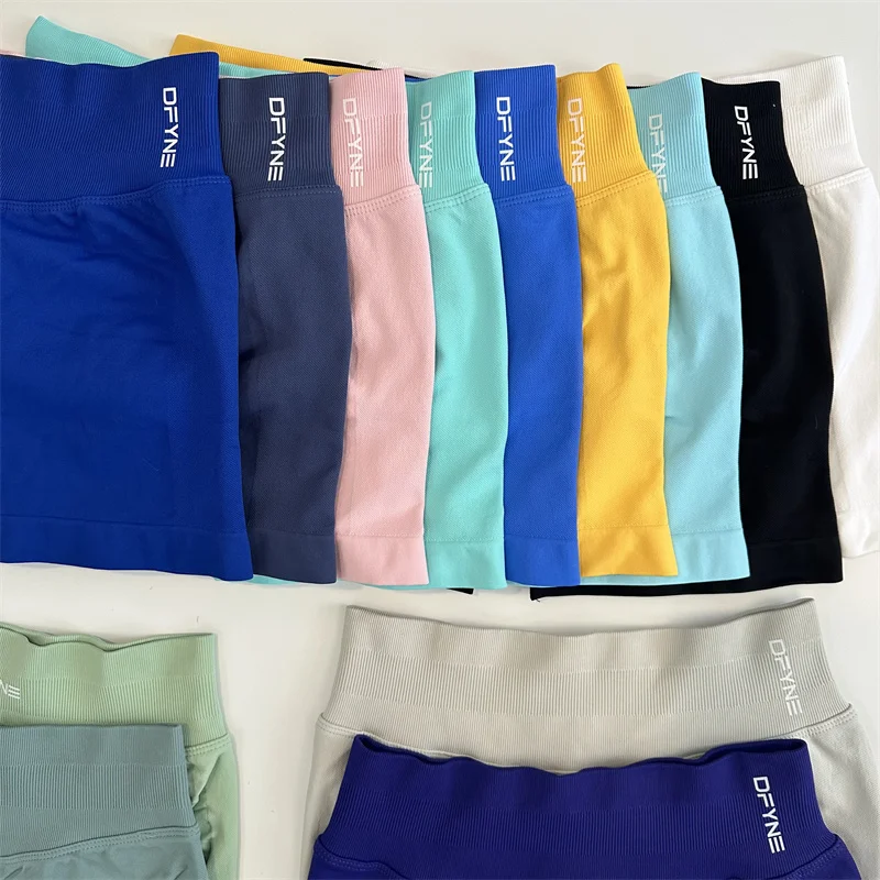 Dfyne pantalones cortos de impacto con logotipo, banda BAJA acanalada, Yoga, Scrunch sin costuras, entrenamiento, gimnasio, pantalones cortos elásticos para glúteos, pantalones cortos para correr