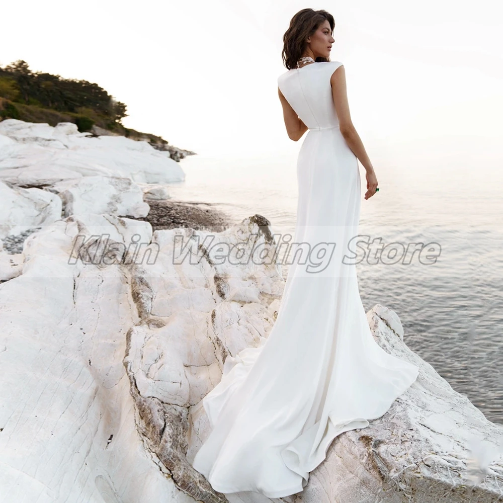 Customized Simple Summer Beach Side Slit Wedding Dress For Bride Eleagnt V-Neck Sleeveless Jersey Court Train Bridal Gowns With