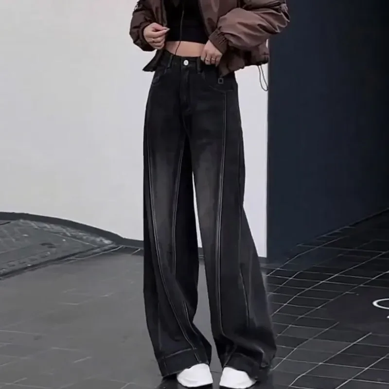 Jean taille haute à jambes larges pour femmes, Style américain, grande taille, nouveau Design Patchwork, pantalon coupe droite, gris noir, printemps