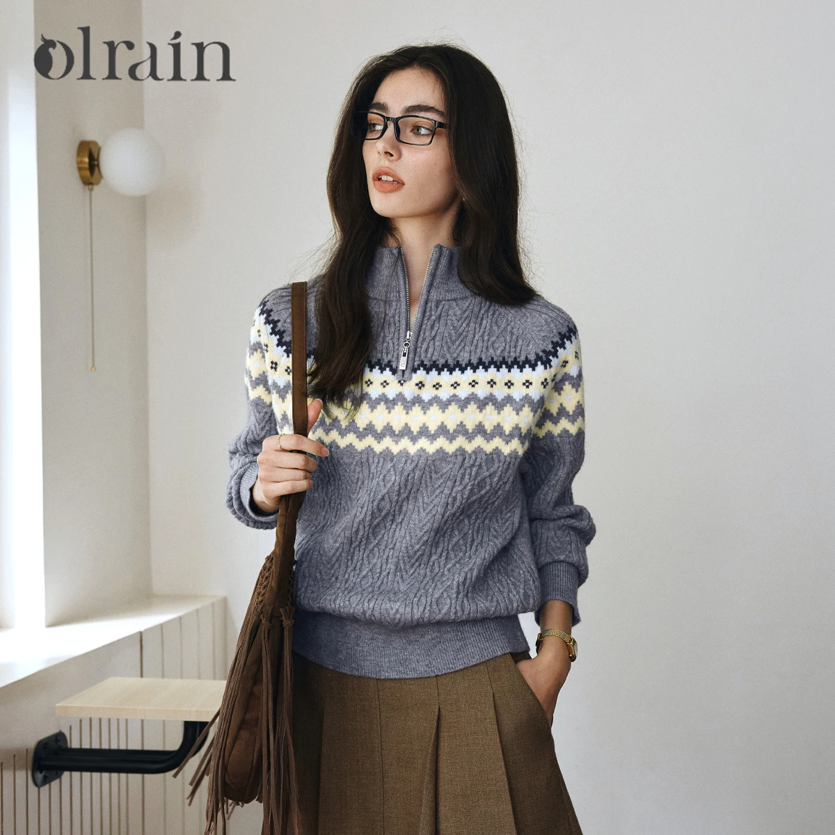 

OLrain Striped Casual Sweater for Woman Autumn 2025 Half-Zip Neck Jacquard Pullover Sweaters Knitted Female Tops O57QM000869