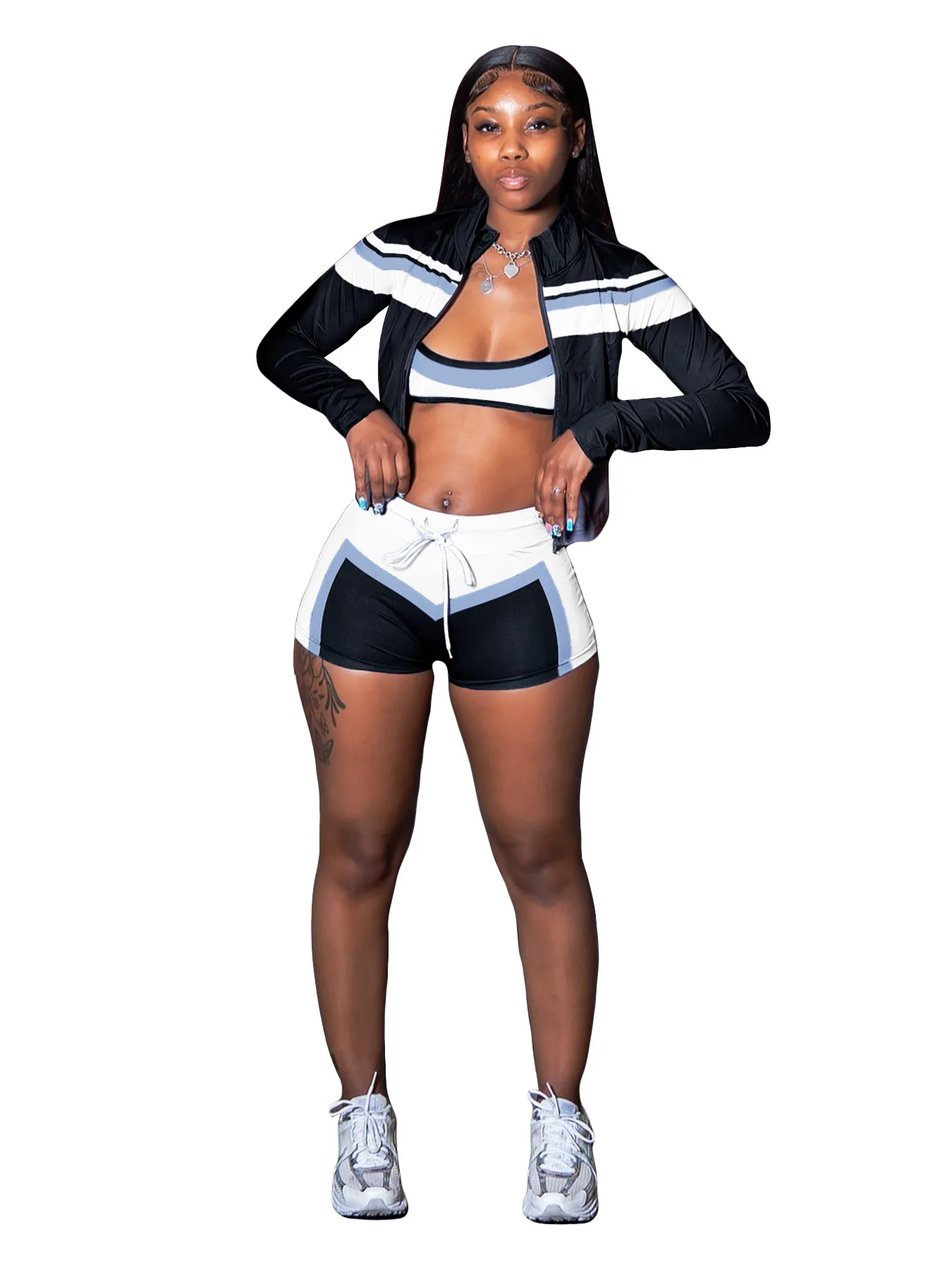 맞춤형 로고 여성 패션 프린팅 긴팔 넥랩 가슴 스트랩 반바지 스포츠 3종 세트