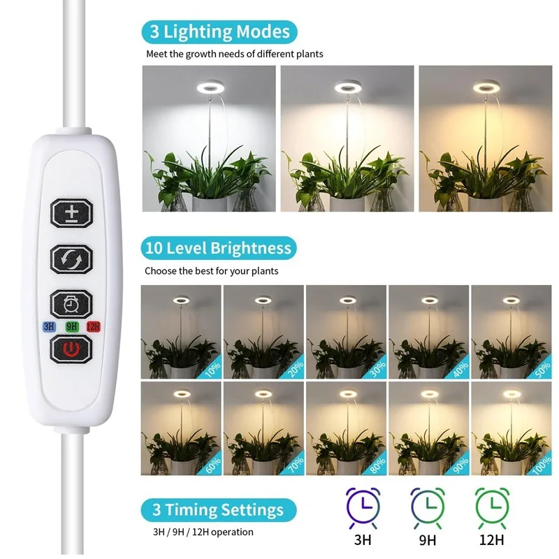 1/2/3 anéis espectro completo planta halo regulável cresce a luz com temporizador para plantas de mesa interior pequena planta luz altura ajustável