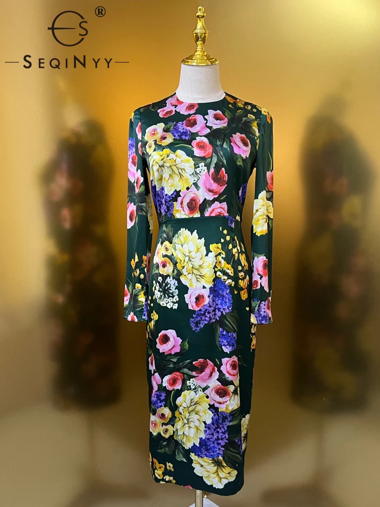 SEQINYY Green Silk Dress for Women 100% Silk Midi Slim Summer Spring Fashion Design Runway Vintage Flower High Quality Elegant