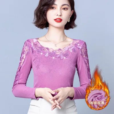 M-4XL 2024 Mesh Bottoming Shirt Autumn Winter Round Neck Lace Tops Women Patchwork Long Sleeve Casual Diamond T Shirt