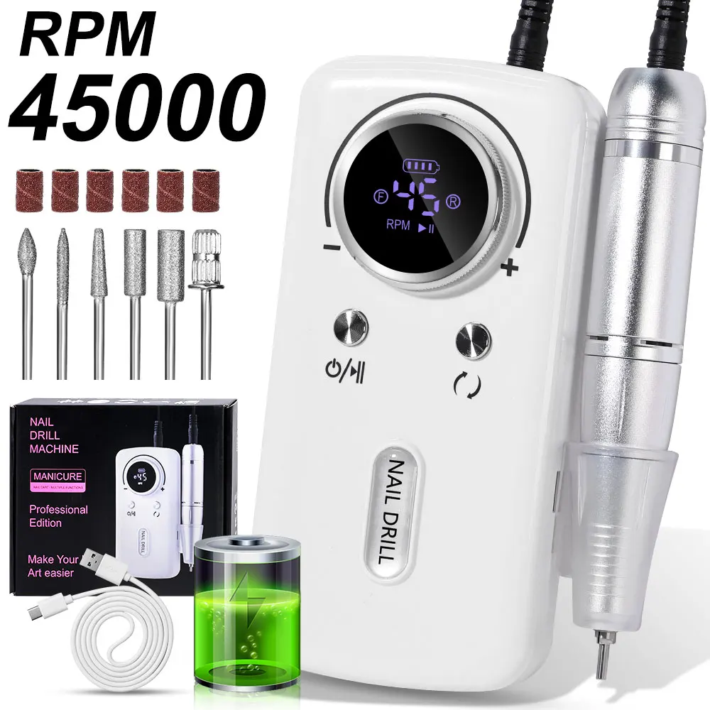45000RPM Rechargeable Electric Nail Drill Rig Portable Nail File Professional Nail Polisher For Gel Nail Polish Salon Tools
