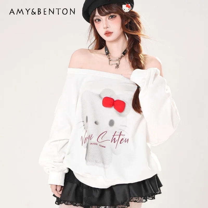 

Korean Style Women's Kawaii Sweatshirt Summer Loose Casual Slimming White Top Long Sleeved Off-Shoulder Hoodies Pullover Ladies