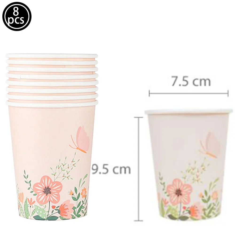 8/16/24/32/40pcs Pink Flower Butterfly Pattern Disposable Paper Cups Kids Girls Birthday Party Baby Shower Decor Supplies