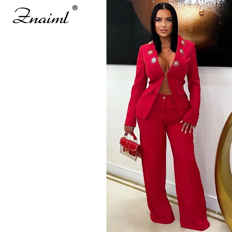 

Znaiml Elegant Office Women Set Red Long Sleeves Deep V-neck Blazer Coat and Straight Leg Pants Two Pieces Casual Fall Outfits