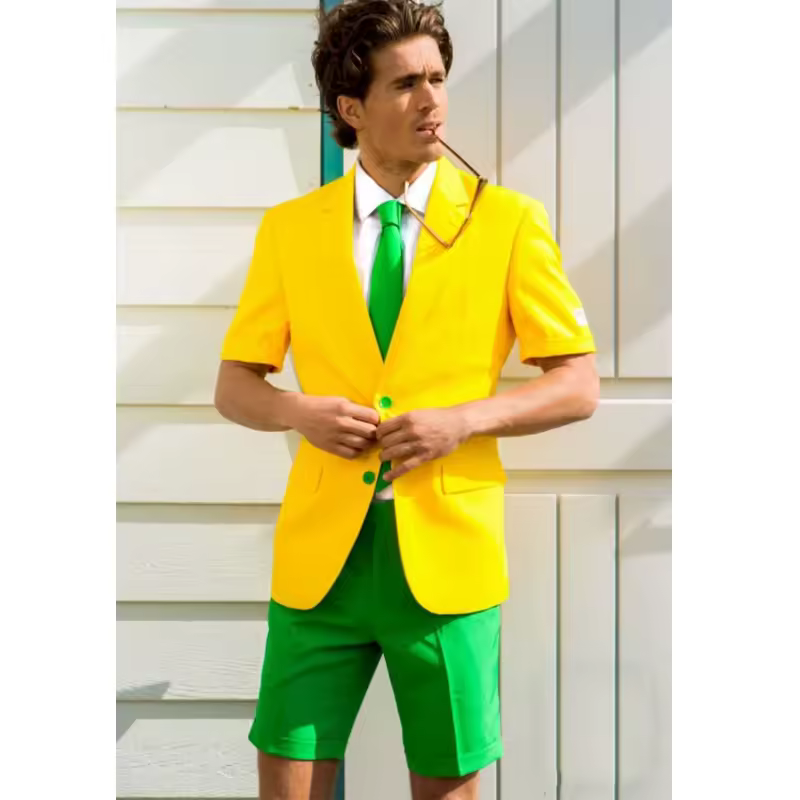 2022 New Latest Design Yellow and Green Summer Fashion Men Suits with Short Pants for Wedding Tuxedos 2 piece Male Beach Blazer
