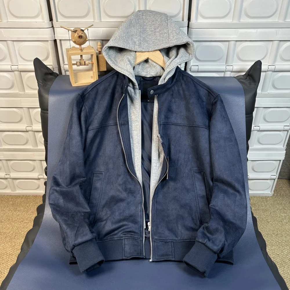 Rare High-End Suede Men's Jacket with Hat Design Soft And Smooth Autumn Winter Coat Casual Style Breathable Polyester Fiber