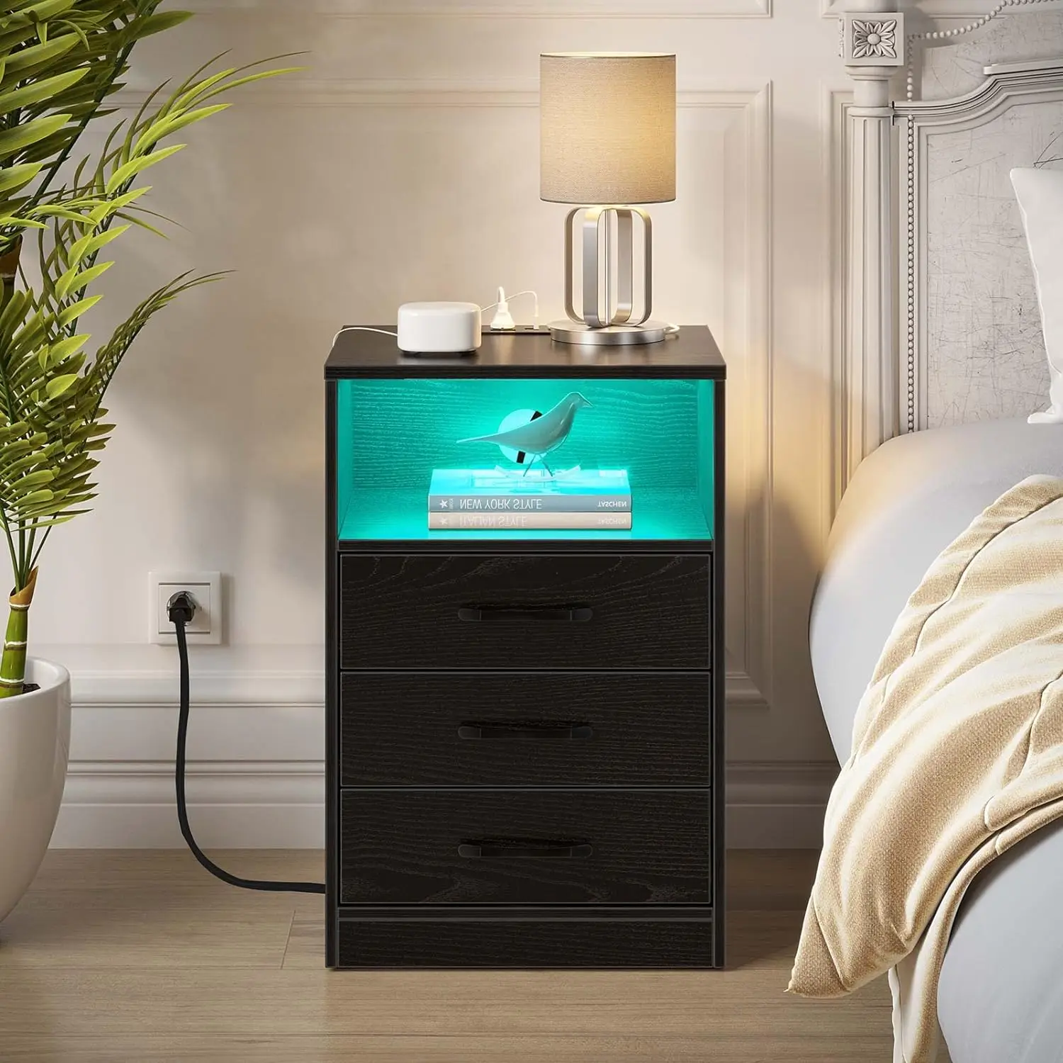 

Nightstand W/ Wireless Charging Station & LED Lights, Modern End Side Table W/3 Drawers & Open Compartment for Bedroom, Black