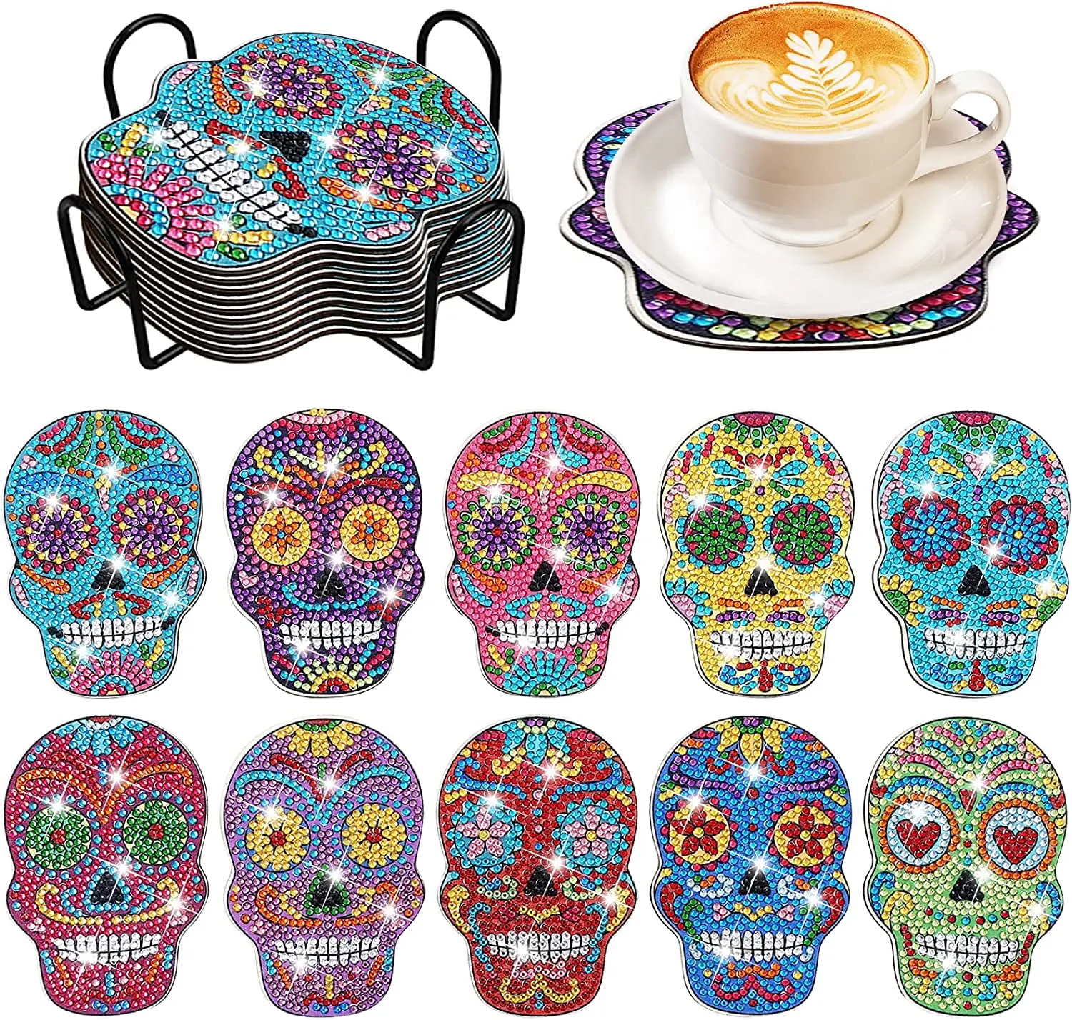 CHENISTORY 10PCS Diamond Painting Coasters with Holder DIY Skull Diamond Coasters Kits for Adults Diamond Art Craft Supplies