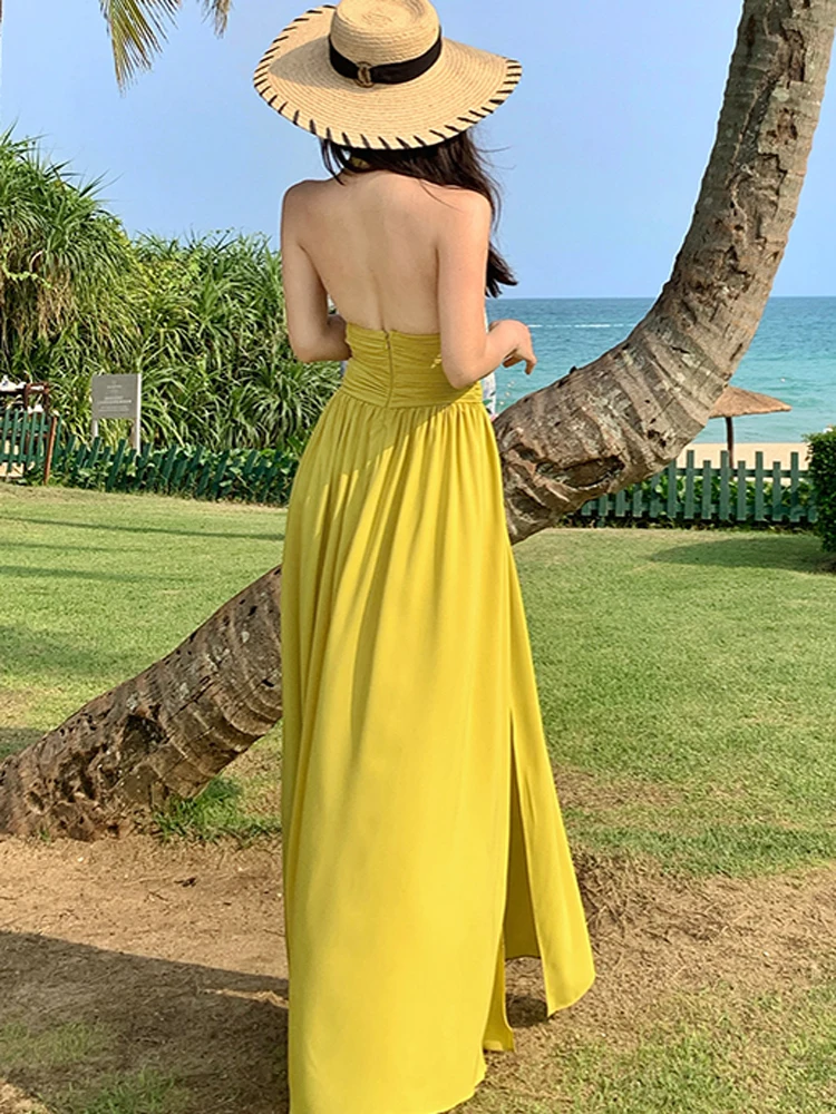 Boho Vacation Maxi Dress Summer Ladies Sexy scollo a V Backless femminile Hollow a vita alta Casual Split Beach Party Dress RObe