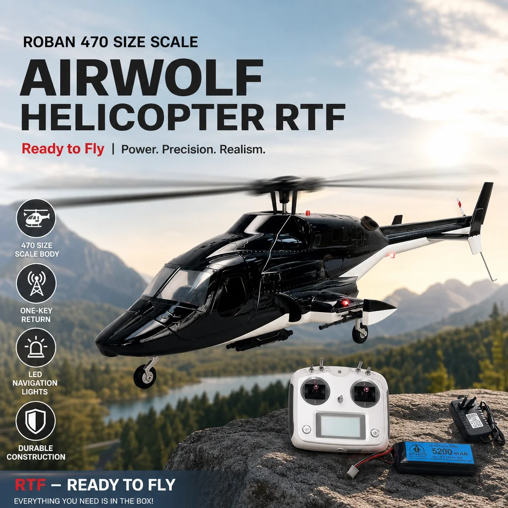 ROBAN 470 Size Airwolf Helicopter RTF - Ready to Fly Scale RC Model with One-Key Return & LED Navigation Lights