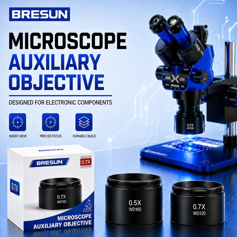 BRESUN Microscope Auxiliary Objective Lens 0.5X WD165 and 0.7X WD120 FMC Coated 48mm Thread for Stereo Microscope Repair Tool