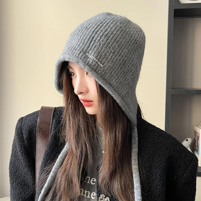 Women Sweet Double Drawstring Hat Autumn And Winter Letters Warm Versatile Knitted Earmuffs