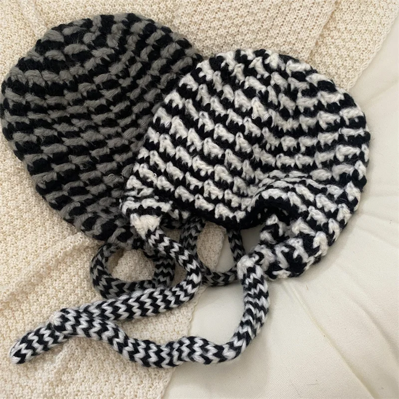 Cute Headband Ear Cap Black and White Striped Knitted Knitted Knitted Sweater Hat Hipster Student Couple Strap Lei Feng Hat Girl