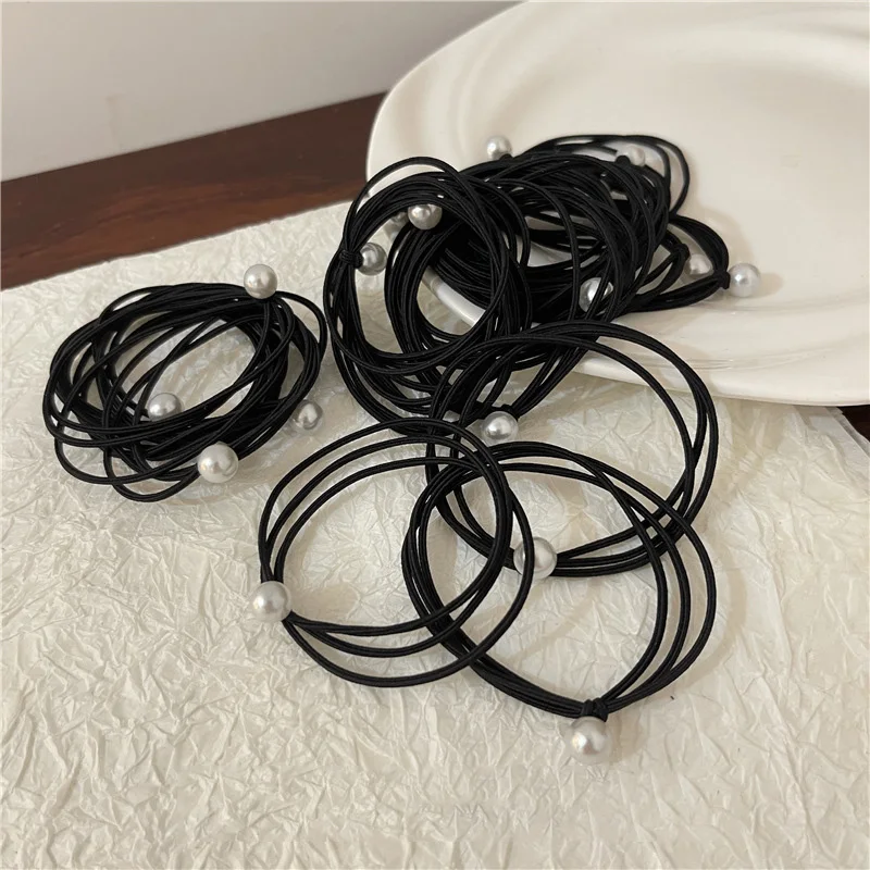 10pcs Simple Fashion Pearl Hair Bands Black Rubber Women Ponytail Holder Three Layer Hair Ties Elastic Scrunchies