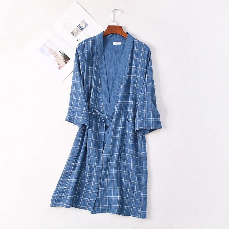 Couples Gauze Kimono Robes Plaid Bathrobe Homewear Long Sleeve Cotton Long Robe Women and Men Sleep Tops Loose Soft Sleepwear