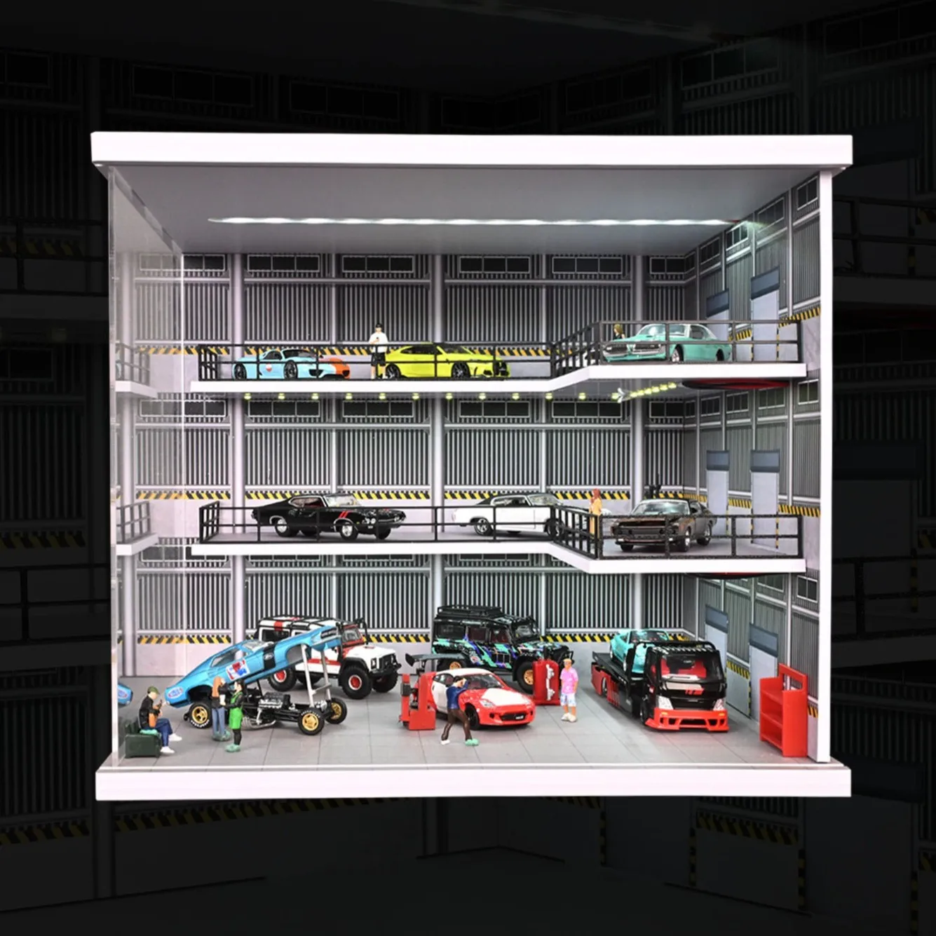

Диорама 1/64: Трехэтажный гараж с LED-подсветкой, модель парковки для демонстрации автомобилей, сцена-макет, витрина для автосалона