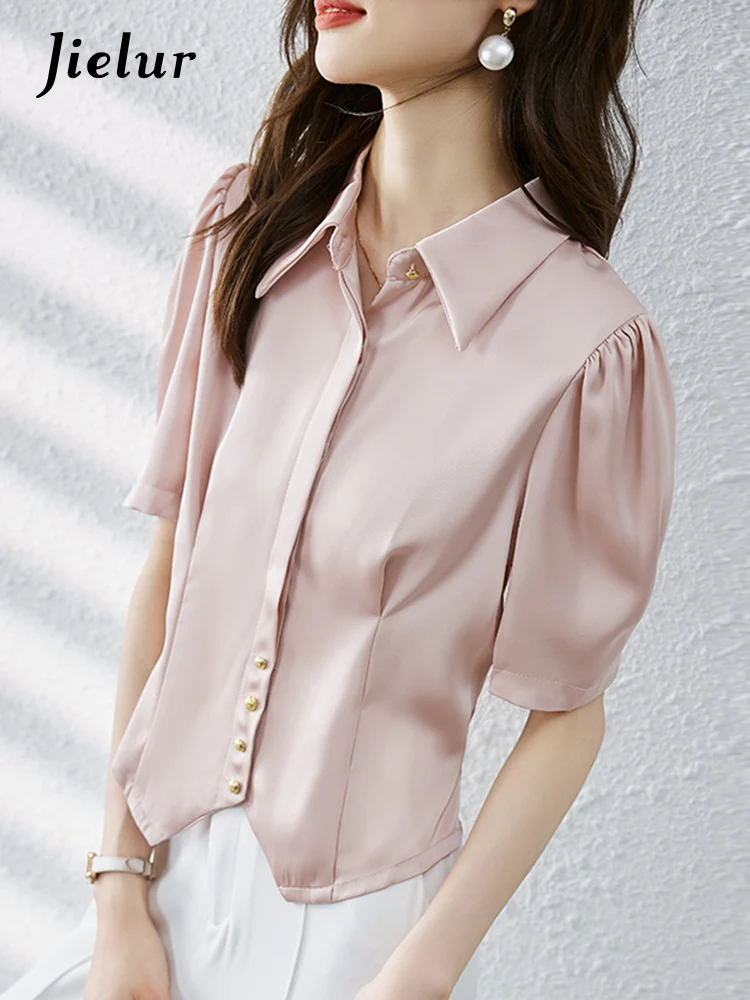 Jielur Summer New Korean Solid Color Women Blouse Chicly Sweet Ladies Elegant Slim Blouse Woman White Pink Fashion Top Female