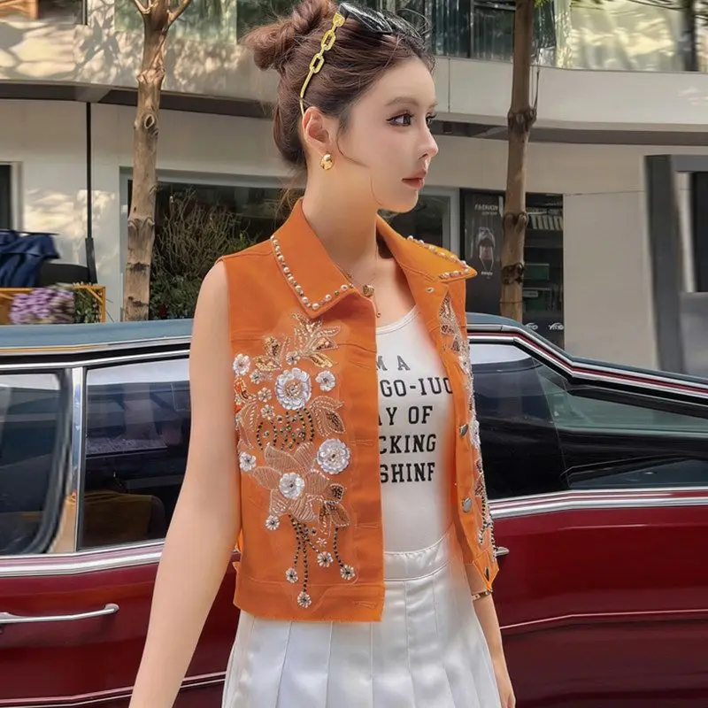 SpringSummer Denim Jacket High-end Exquisite Beaded Diamond-studded Denim Vest Coat New Sleeveless Jacket Female Waistcoat Tops
