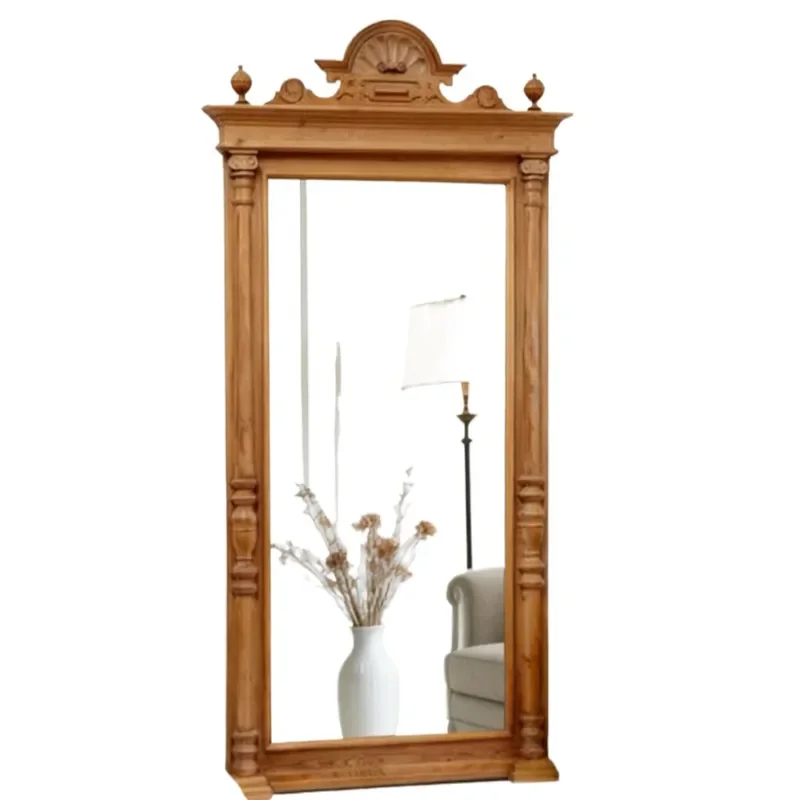 American Retro Style Wooden Full Length Mirror Floor Standing Carved Border Decorative Dressing Mirror for Living Room Home