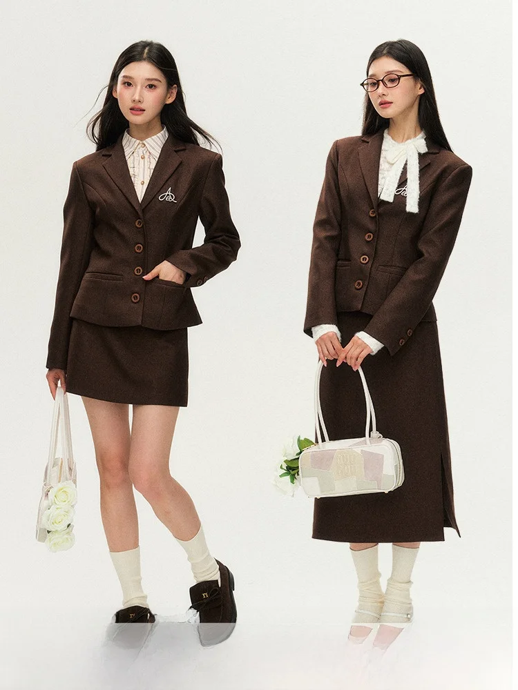 

Anna Cute Brown Suit Set Vintage Commute Sle Women's Faion Autumn Collection Slim Fit ort Coat Skirt Ensemble
