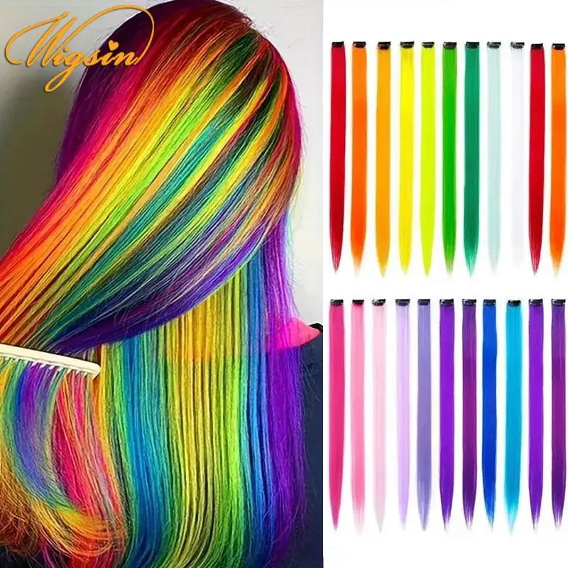 WIGSIN Synthetic 10pcs Colored Hair Synthetic Extensions Colorful Clip in Hair Long Straight Hair for Kids Girls Women