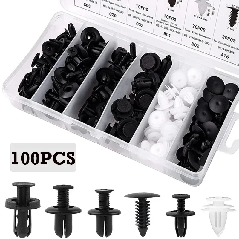 100pcs Auto Fastener Clips Car Universal Nylon Buckle Car Body Push Pin Rivet Bumper Door Trim Panel Retainer Car Repair Tools