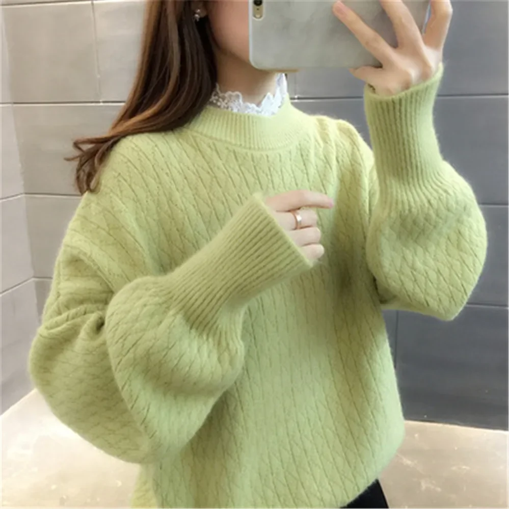 White Mohair Thicken Turtleneck Sweater Autumn Winter Sweet Fashion Lantern Sleeve Casual Solid Color Pullover pull femme