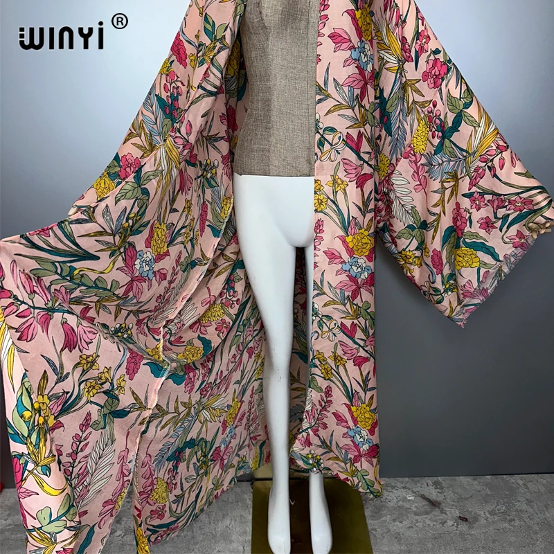 WINYI-cárdigan tipo kimono bohemio para mujer, ropa de playa, vestido estampado abaya de Dubái, trajes de playa de lujo, abrigo largo, caftán musulmán