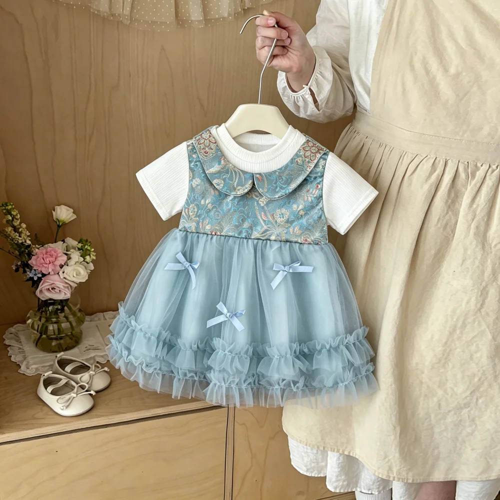

Baby Dress Summer Chinese Style Mesh Bow Girl Dress Cute Birthday Party Baby Girl Dress Baby Girl Clothing ﻿