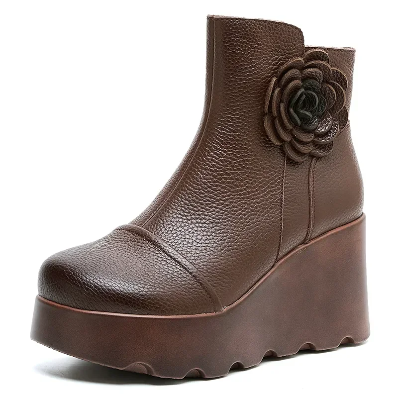 

Top quality 8CM Women Winter Warm Plush Boots National Style Flower Retro Handmade Wedges Height Increasing Platform Ankle Boots