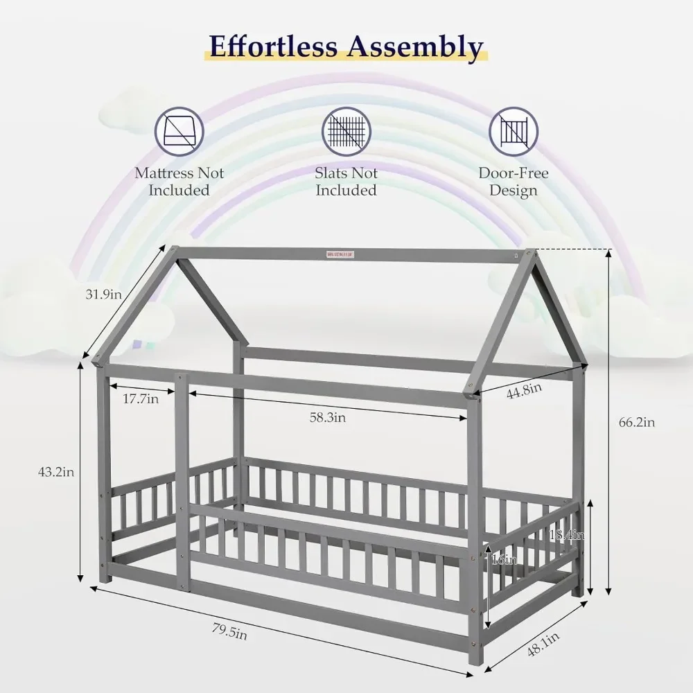 Twin Children's Bed, Montessori Floor Bed with Armrests, Wooden House Bed, Floor To Ceiling Bed Frame with Roof