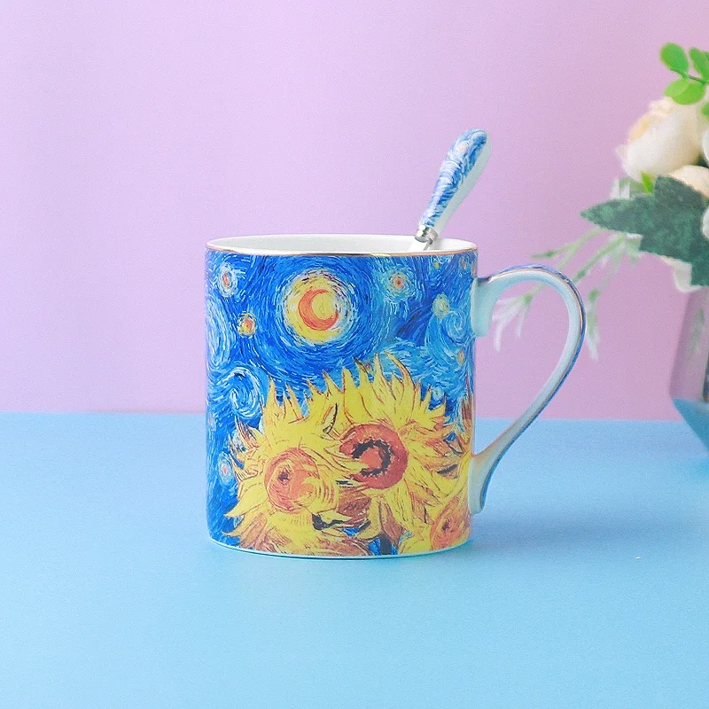 Van Gogh Pastoral Style European High-End Bone China Coffee Cup Suit British Afternoon Tea Cup Light Luxury Exquisite Designer