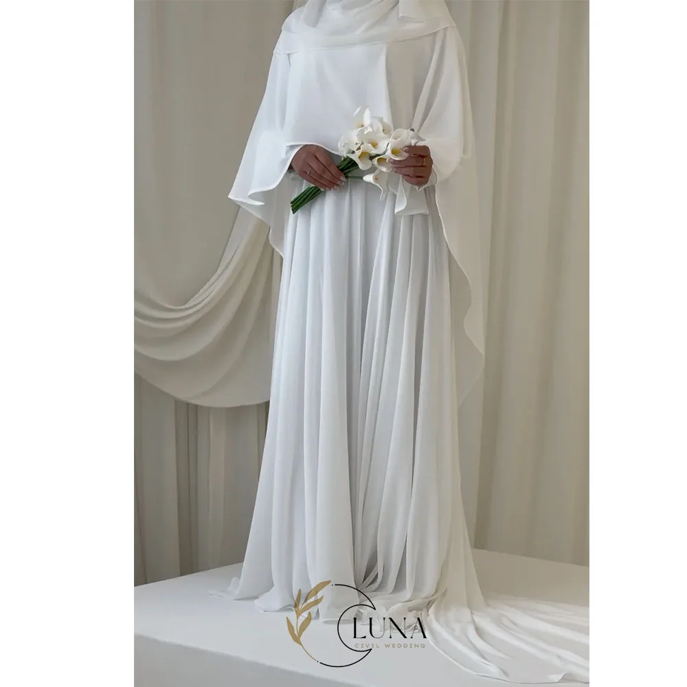 Luna Maßgeschneiderte Elegante Chiffon Muslimische Hochzeitskleider mit Cape-Ärmeln A-Linie Hochgeschlossenes Brautkleid Saudi-Arabisches Abendkleid