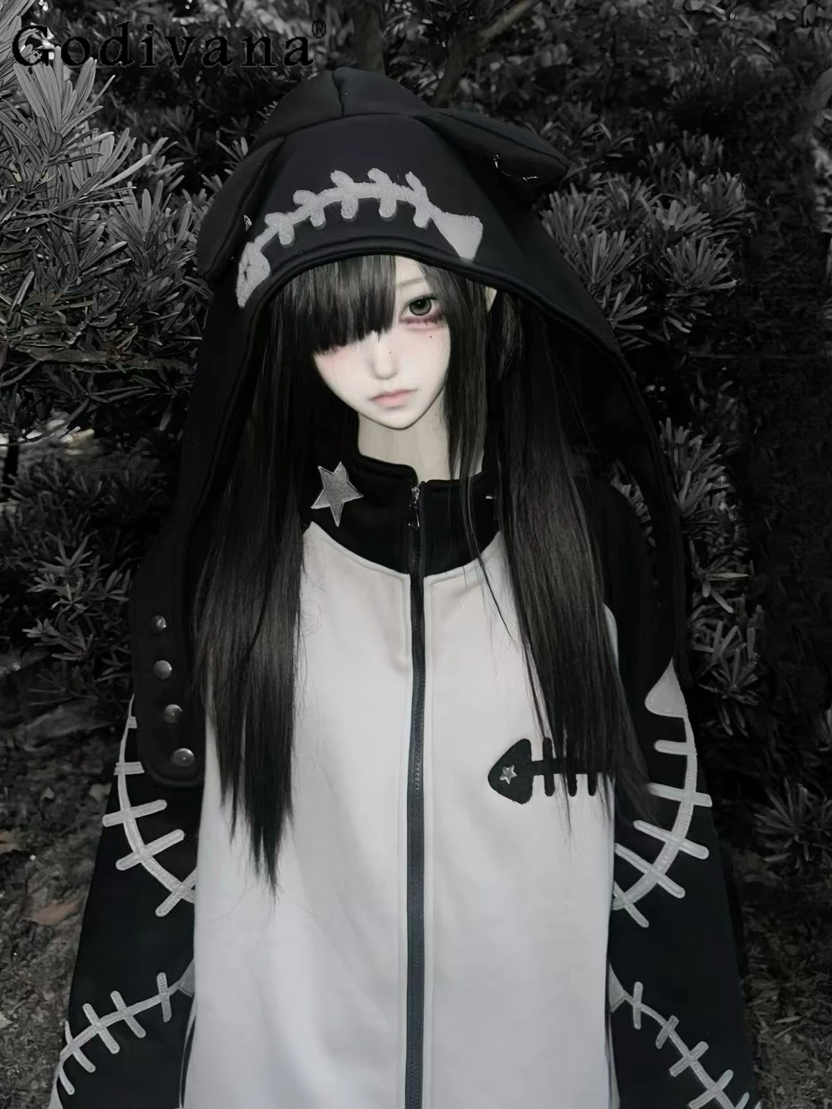 

Original Subculture Harajuku Black and Gray Coats Womens Loose Velvet Heavy Industry Embroidered Hooded Jackets Student Y2k Top