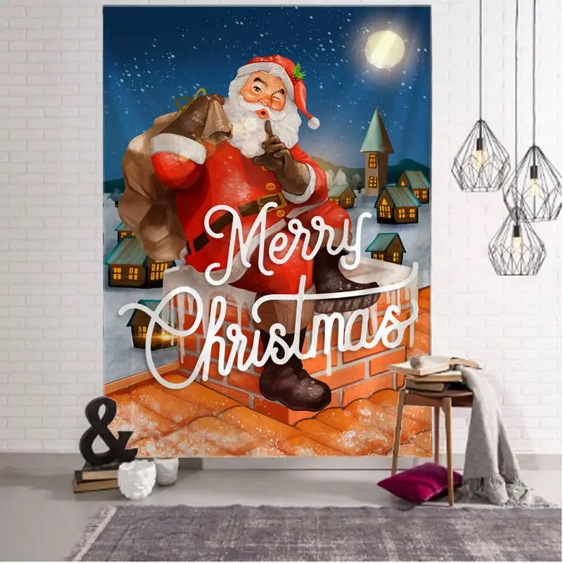 VIKAMA Merry Christmas Wall Tapestry Santa On Roof Chimney Winter Snow Village Holiday Wall Hanging Home Decor