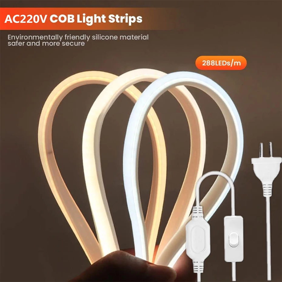 

Светодиодная лента COB 220 В с переключателем ON OFF EU AU Plug Светодиодная лента 50M 30M 20M 15M 10M 5M IP65 Неоновые огни для кухни и дома