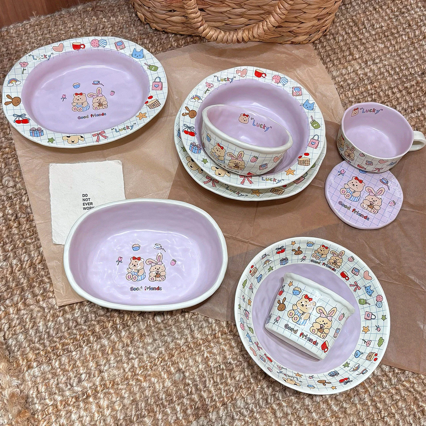 Niedliches Cartoon-Stil Keramik-Geschirr-Set: Schüssel, Teller, Tasse und Untertasse, Salat- und Dessertteller, Kreative Restaurant-Dekoration