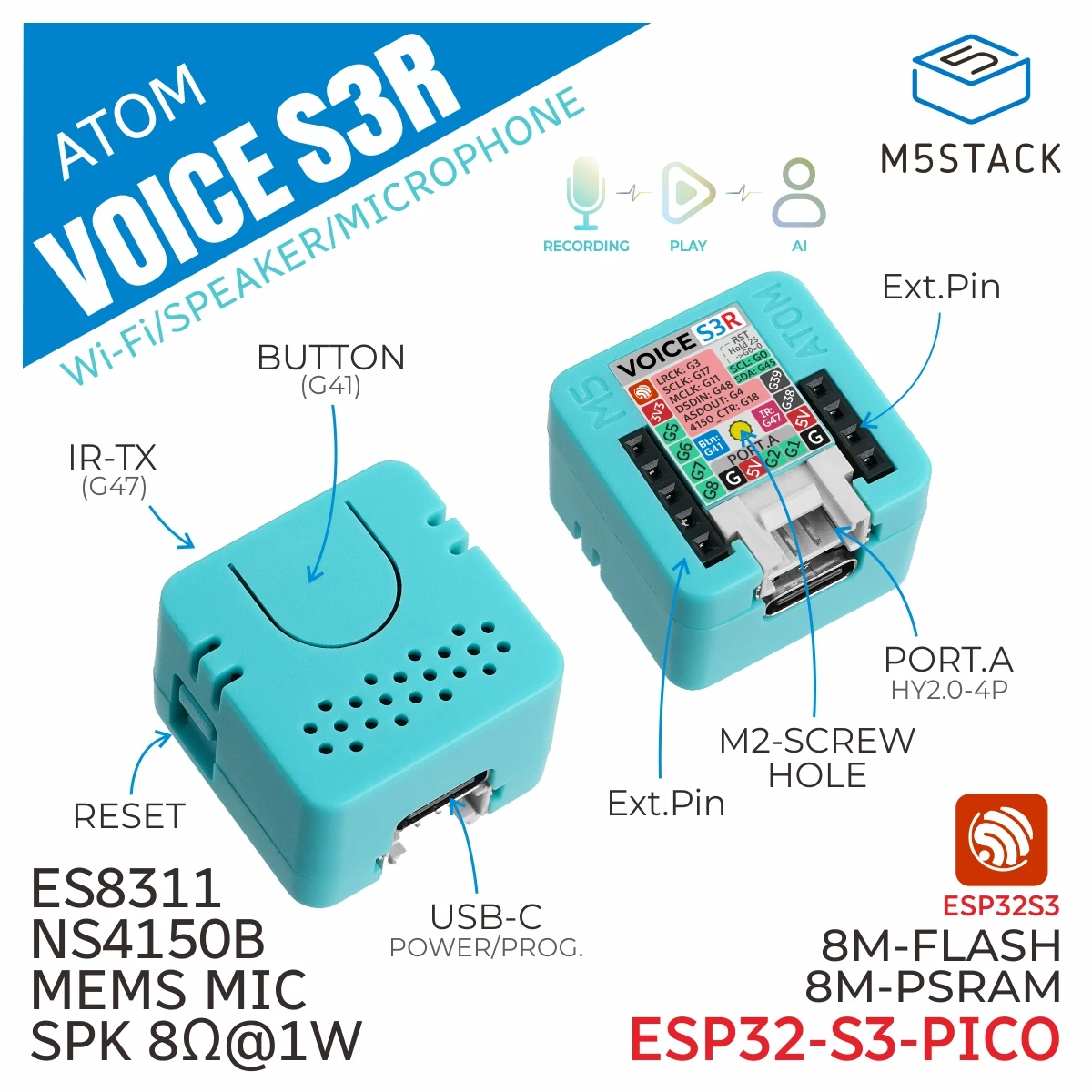 

Официальный комплект разработчика умной колонки M5Stack Atom VoiceS3R