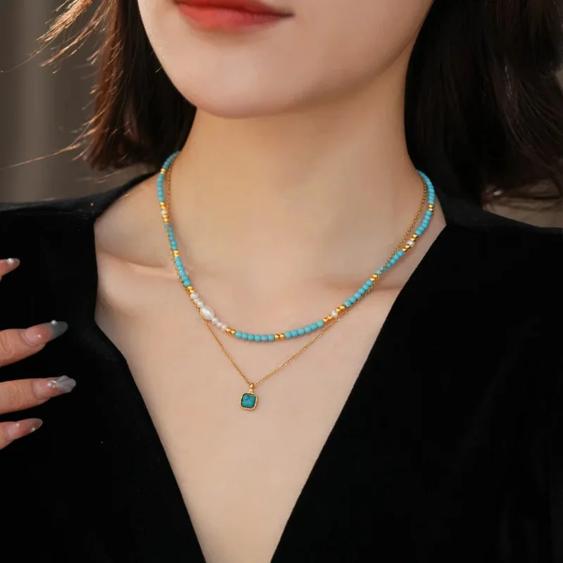 

Gold-Plated Blue Turquoise Freshwater Pearl Necklace Vintage Ethnic Style Fashion Collarbone Chain Beautiful Jewelry for Women